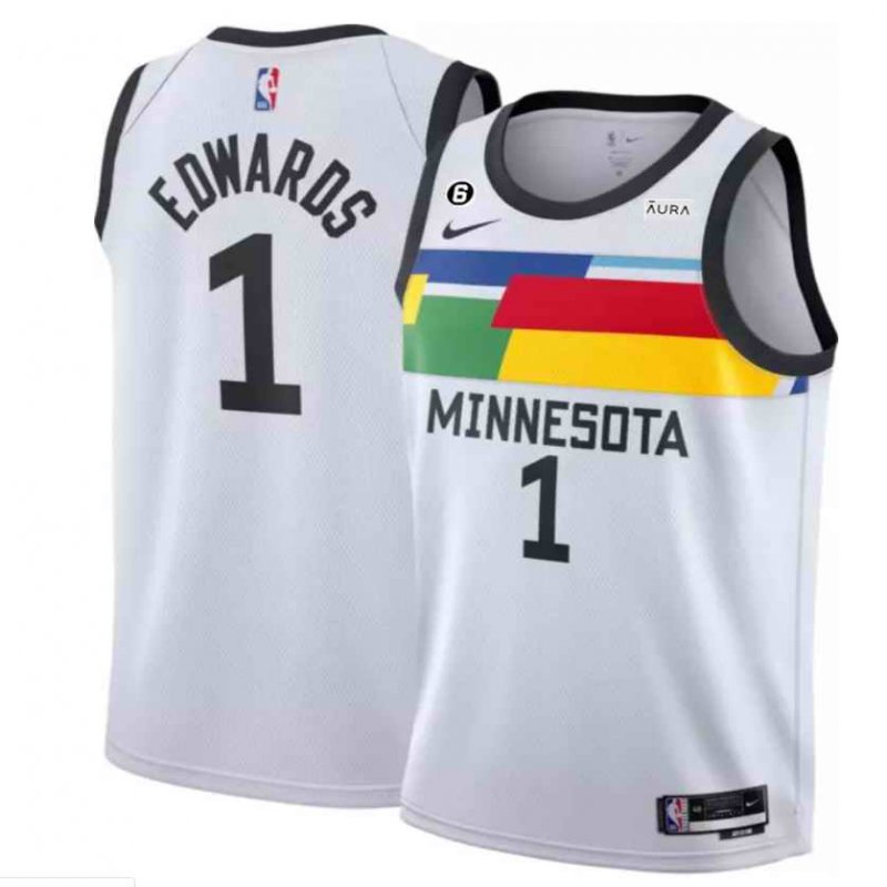 Men's Minnesota Timberwolves #1 Anthony Edwards White 2022/23 City Edition With NO.6 Patch  Stitched Jersey