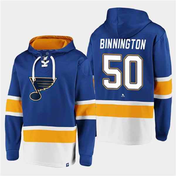 Men's St. Louis Blues #50 Jordan Binnington Blue Ageless Must-Have Lace-Up Pullover Hoodie