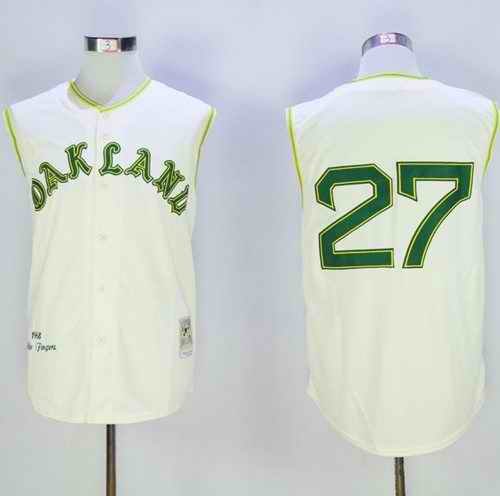 Mitchell And Ness 1968 Athletics #27 Catfish Hunter Cream Throwback Stitched MLB Jersey