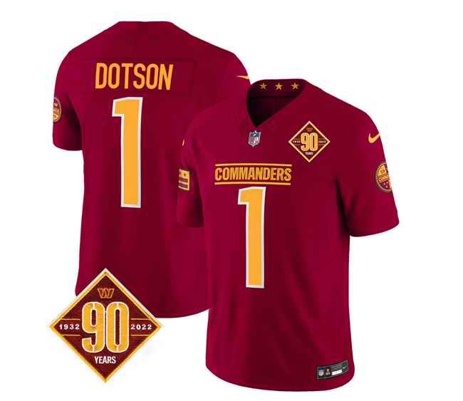 Men's Washington Commanders #1 Jahan Dotson Burgundy 2023 F.U.S.E. 90th Anniversary Vapor Limited Stitched Football Jersey