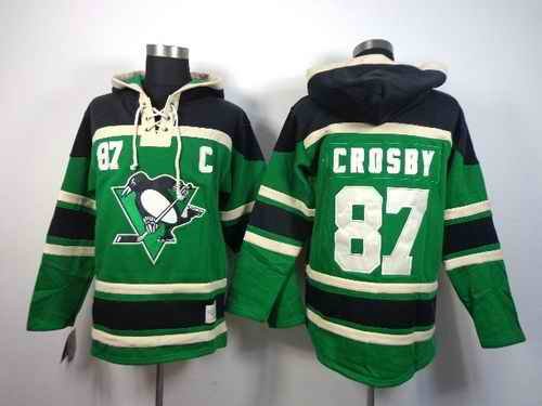 Penguins #87 Sidney Crosby Green St. Patrick's Day McNary Lace Hoodie Stitched NHL Jersey