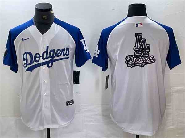 Men's Los Angeles Dodgers Team Big Logo White/Blue Vin Patch Cool Base Stitched Baseball Jersey