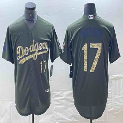 Men's Los Angeles Dodgers #17 Shohei Ohtani Olive Cool Base Stitched Baseball Jersey