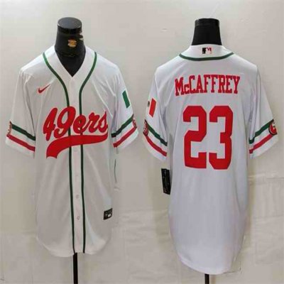 Men's San Francisco 49ers #23 Christian McCaffrey White With Patch Cool Base Stitched Baseball Jersey