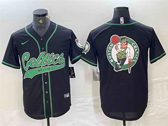 Men's Boston Celtics Black Team Big Logo With Patch Stitched Baseball Jersey