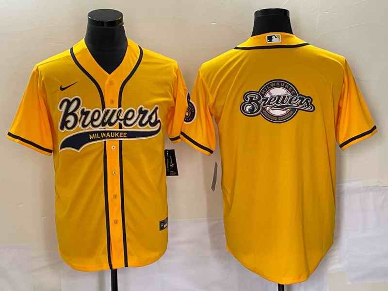 Men's Milwaukee Brewers Yellow Team Big Logo Cool Base Stitched Jersey