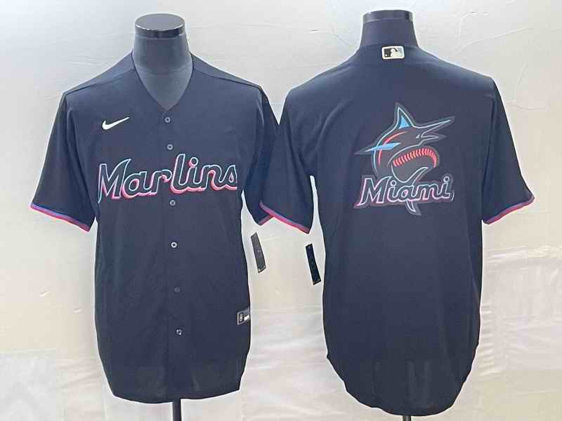 Men's Miami Marlins Black Team Big Logo Cool Base Stitched Baseball Jersey