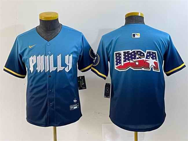 Youth Philadelphia Phillies Team Big Logo Blue 2024 City Connect Limited Stitched Baseball Jersey