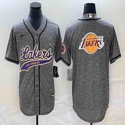 Men's Los Angeles Lakers Gray Team Big Logo Cool Base With Patch Stitched Baseball Jersey