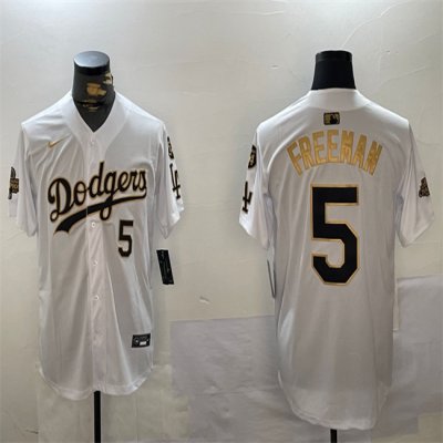 Men's Los Angeles Dodgers #5 Freddie Freeman White/Gold 2024 World Series Champions With Fernando Memorial Patch Limited Stitched Baseball Jersey