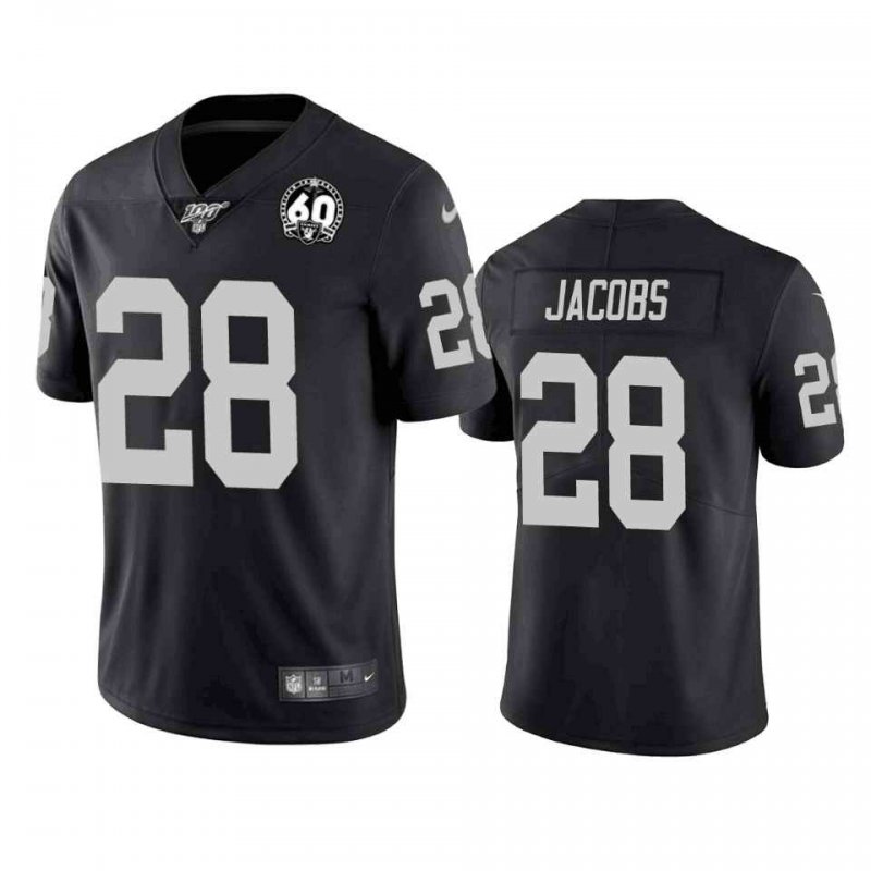 Men's Oakland Raiders #28 Josh Jacobs Black 100th Season with 60 Patch Vapor Limited Stitched NFL Jersey