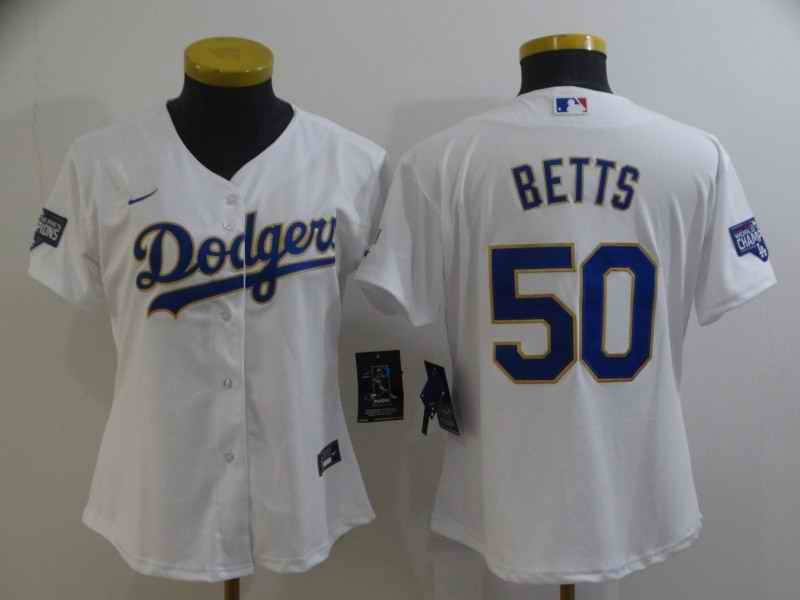 Women's Los Angeles Dodgers #50 Mookie Betts White Gold Championship Cool Base Stitched Jersey(Run Small)