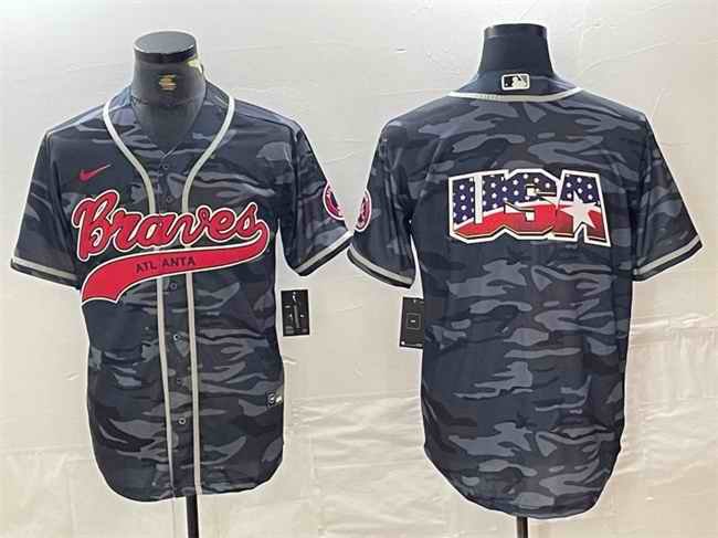 Men's Atlanta Braves Gray Camo Team Big Logo Cool Base With Patch Stitched Baseball Jersey