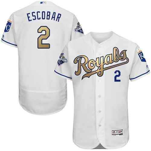 Royals #2 Alcides Escobar White 2015 World Series Champions Gold Program FlexBase Authentic Stitched MLB Jersey