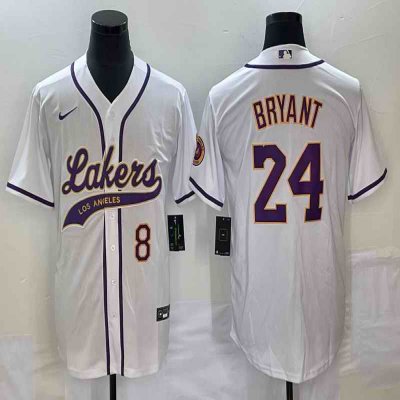 Men's Los Angeles Lakers Front #8 Back #24 Kobe Bryant White Cool Base Stitched Baseball Jersey