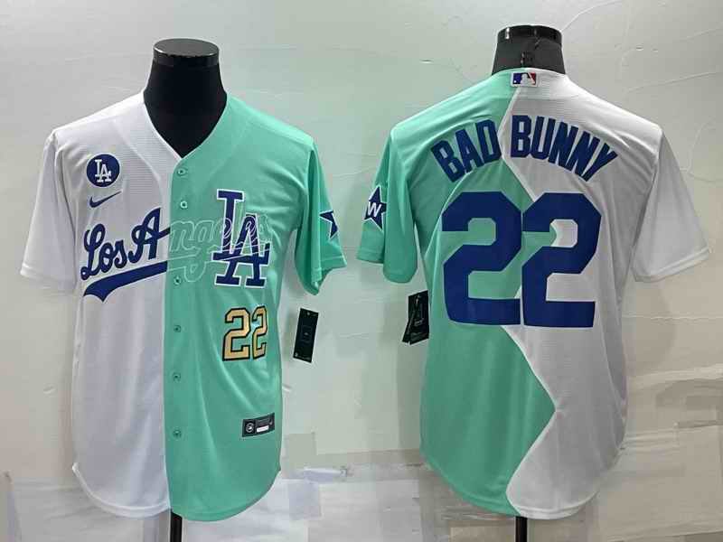 Men's Los Angeles Dodgers #22 Bad Bunny 2022 All-Star White/Green Cool Base Stitched Baseball Jersey