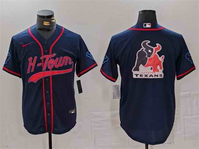 Men's Houston Texans Team Big Logo Navy With Patch Cool Base Stitched Baseball Jersey