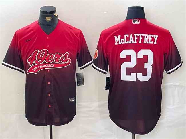 Men's San Francisco 49ers #23 Christian McCaffrey Red/Black With Patch Cool Base Stitched Baseball Jersey