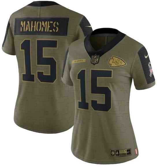 Women's Kansas City Chiefs #15 Patrick Mahomes 2021 Olive Salute To Service Limited Stitched Jersey(Run Small)