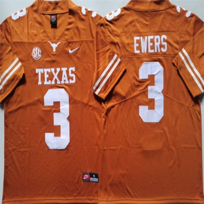 Men's Texas Longhorns #3 Quinn Ewers Orange Stitched Jersey