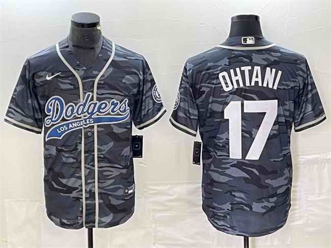 Men's Los Angeles Dodgers #17 Shohei Ohtani Gray Camo Cool Base With Patch Stitched Baseball Jersey