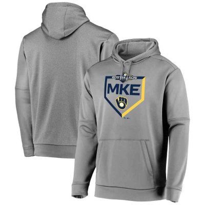 Men's Milwaukee Brewers Majestic Grey 2019 Postseason Dugout Pullover Hoodie