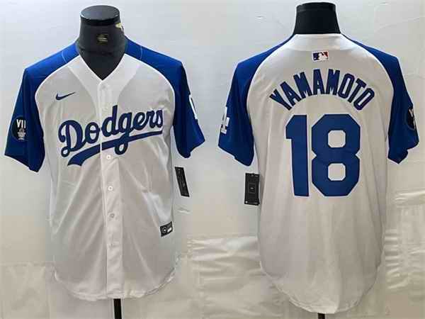 Men's Los Angeles Dodgers  #18 Yoshinobu Yamamoto White/Blue Vin Patch Cool Base Stitched Baseball Jersey