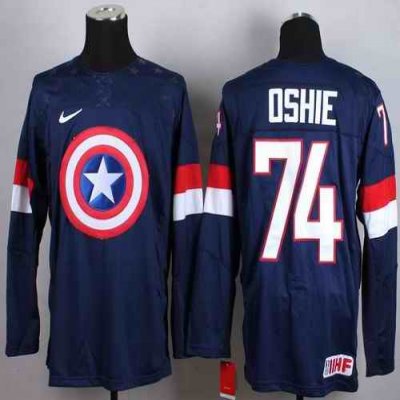 Olympic Team USA #74 T. J. Oshie Navy Blue Captain America Fashion Stitched NHL Jersey