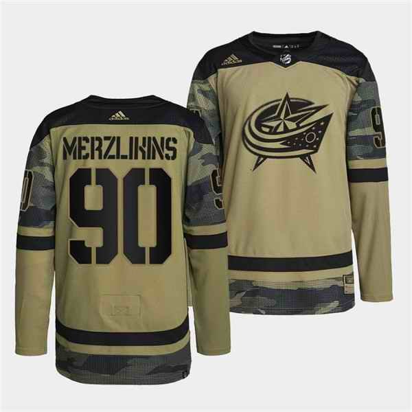 Men's Columbus Blue Jackets #90 Elvis Merzlikins 2022 Camo Military Appreciation Night Stitched Jersey