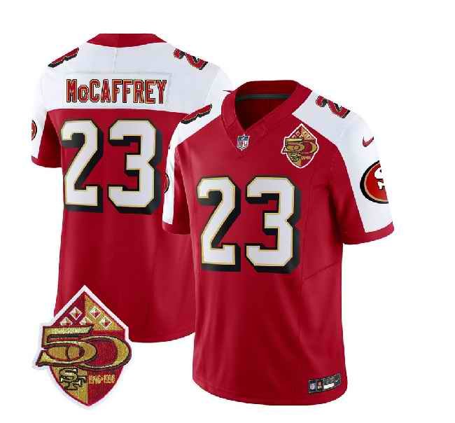 Men's San Francisco 49ers #23 Christian McCaffrey Red/White 2023 F.U.S.E. 50th Patch Throwback Stitched Football Jersey