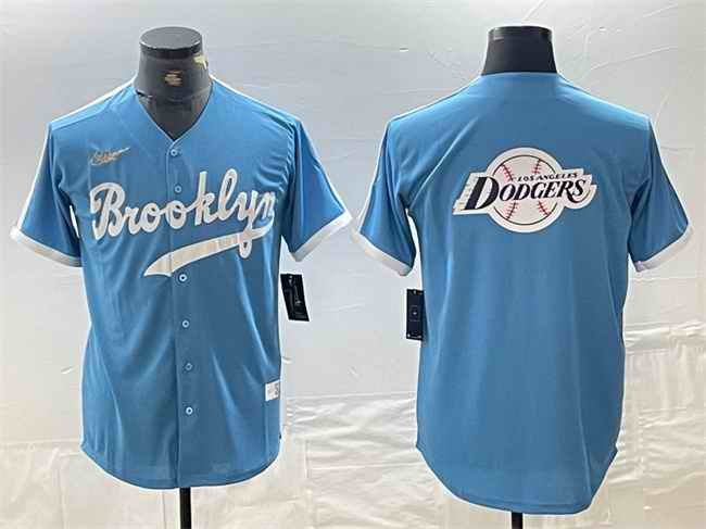 Men's Los Angeles Dodgers Team Big Logo Light Blue Throwback Cool Base Stitched Baseball Jersey