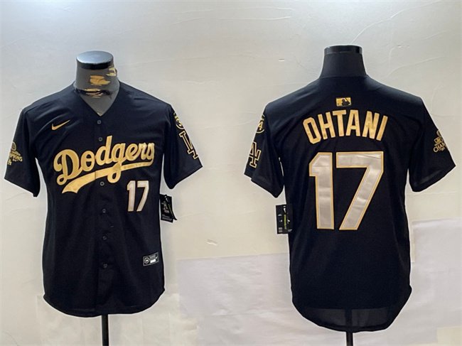 Men's Los Angeles Dodgers #17 Shohei Ohtani Black/Gold 2024 World Series Champions With Fernando Memorial Patch Limited Stitched Baseball Jersey