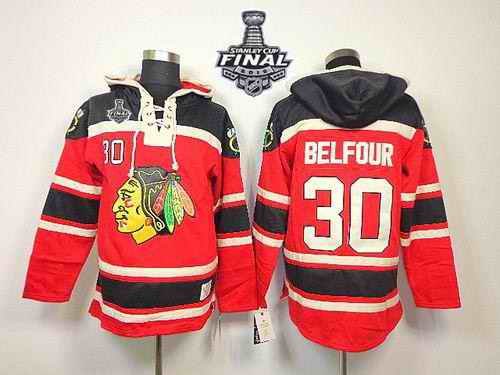 Blackhawks #30 ED Belfour Red Sawyer Hooded Sweatshirt 2015 Stanley Cup Stitched NHL Jersey