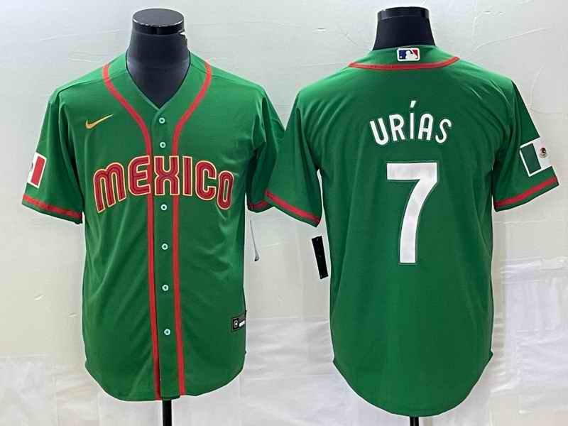 Men's Mexico Baseball #7 Julio Ur'as 2023 Green World Baseball With Patch Classic Stitched Jersey