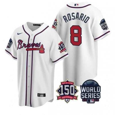 Men's Atlanta Braves #8 Eddie Rosario 2021 White World Series With 150th Anniversary Patch Cool Base Stitched Jersey