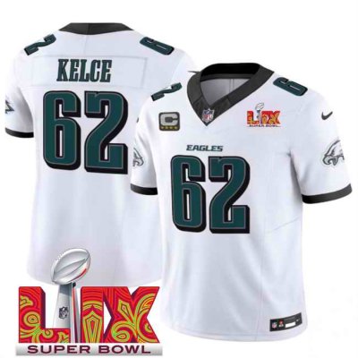 Men's Philadelphia Eagles #62 Jason Kelce White 2025 Super Bowl LIX Patch And 4-Star C Patch New F.U.S.E. Vapor Limited Stitched Football Jersey