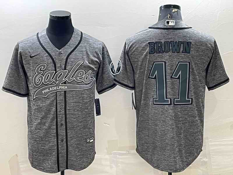 Men's Philadelphia Eagles #11 A. J. Brown Grey With Patch Cool Base Stitched Baseball Jersey