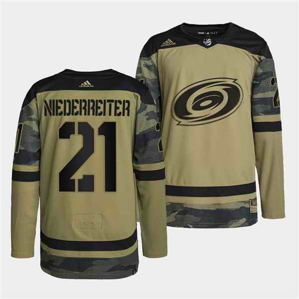 Men's Carolina Hurricanes #21 Nino Niederreiter 2022 Camo Military Appreciation Night Stitched Jersey