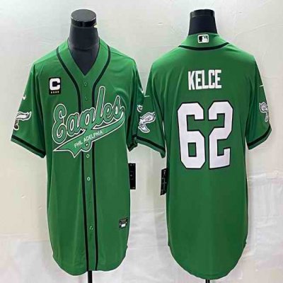 Men's Philadelphia Eagles #62 Jason Kelce Green With 4-star C Patch Cool Base Stitched Baseball Jersey