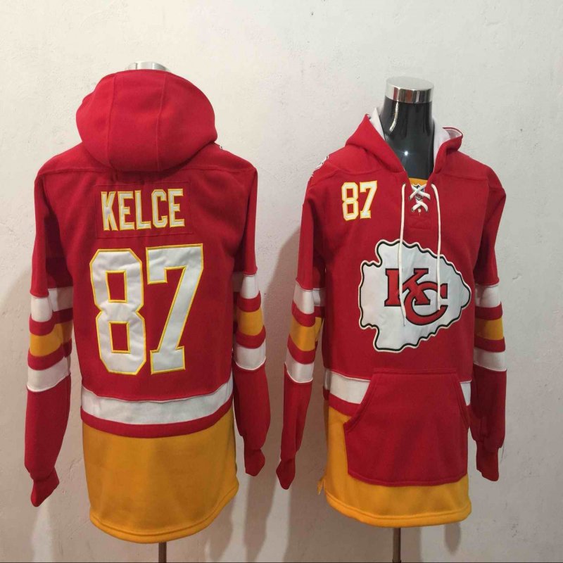 Men's Kansas City Chiefs # 87 Travis Kelce Red All Stitched NFL Hooded Sweatshirt