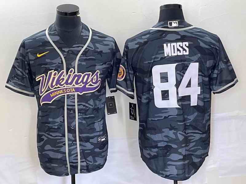 Men's Minnesota Vikings #84 Randy Moss Grey Camo Cool Base Stitched Baseball Jersey