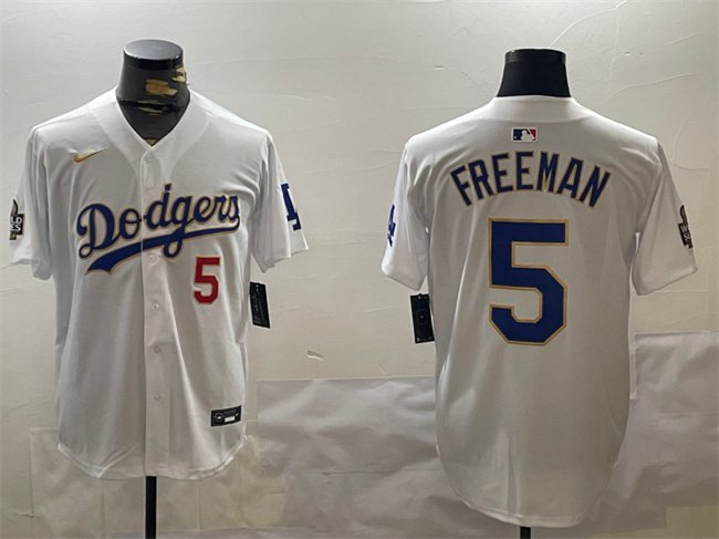 Men's Los Angeles Dodgers #5 Freddie Freeman White Gold 2024 World Series Home Limited Stitched Baseball Jersey