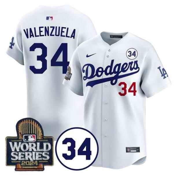 Men's Los Angeles Dodgers #34 Toro Valenzuela White 2024 World Series With No. 34 Patch Limited Stitched Baseball Jersey