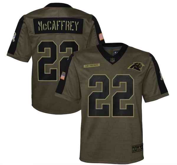 Youth Carolina Panthers #22 Christian McCaffrey 2021 Olive Salute To Service Limited Stitched Jersey