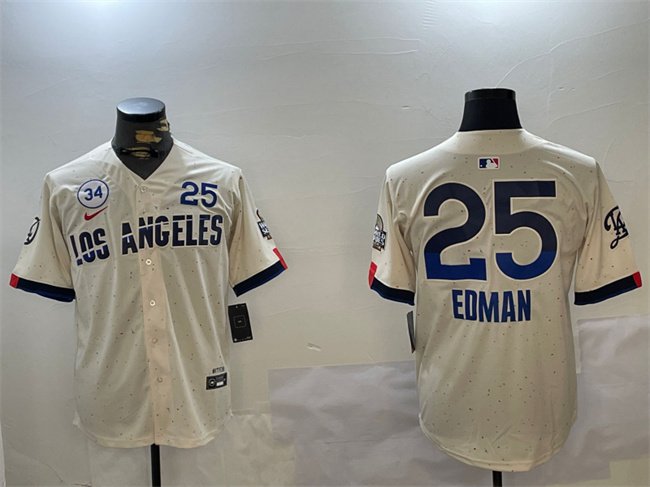 Men's Los Angeles Dodgers #25 Tommy Edman Cream 2024 World Series With No. 34 Patch City Connect Limited Stitched Baseball Jersey