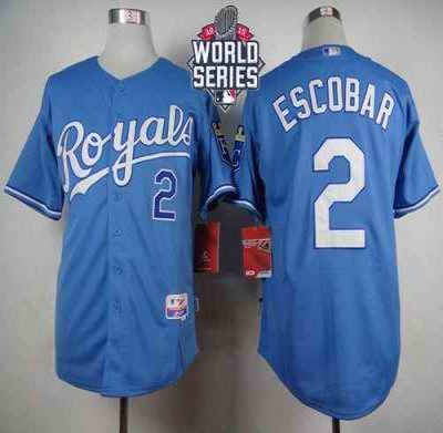 Royals #2 Alcides Escobar Light Blue Alternate 1 Cool Base W/2015 World Series Patch Stitched MLB Jersey