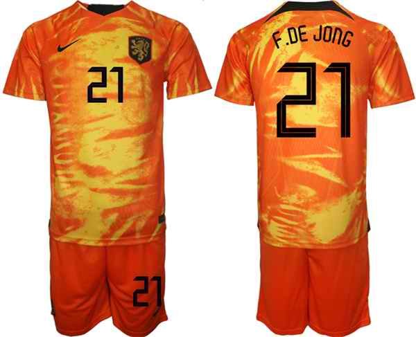 Men's Netherlands #21 F. De Jong Orange Home Soccer Jersey Suit