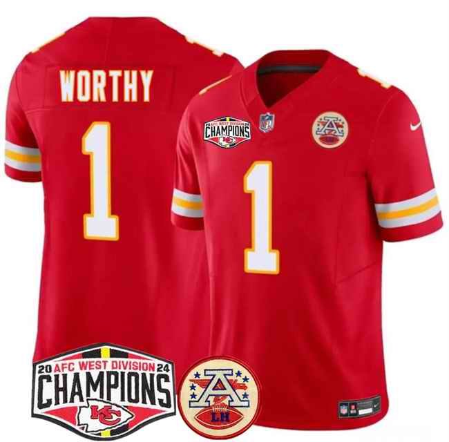 Men's Kansas City Chiefs #1 Xavier Worthy Red F.U.S.E. 2024 AFC West Division Champions Vapor Limited Stitched Football Jersey