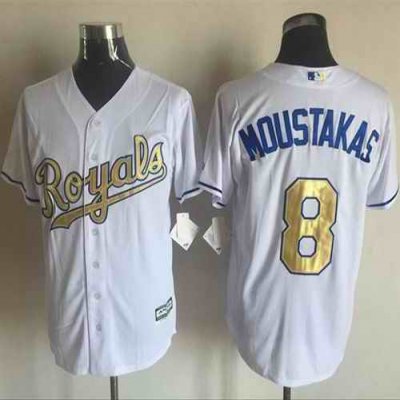 Royals #8 Mike Moustakas White New Cool Base 2015 World Series Champions Gold Program Stitched MLB Jersey