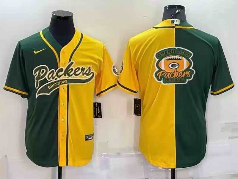 Men's Green Bay Packers Blank Green/Yellow Split Team Big Logo With Patch Cool Base Stitched Baseball Jersey